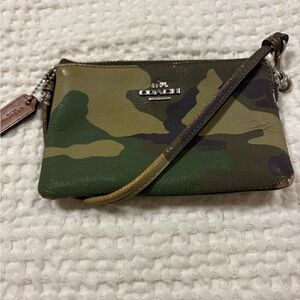 Coach Green Camo Leather Wristlet with Silver Logo